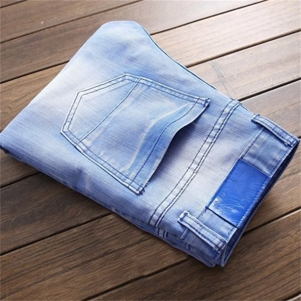 EH · MD® High Elastic Bleached Blue Jeans Men's Wavy Wrinkled Hole Patch Cotton Soft Small Straight High Street Slim Pants 2020