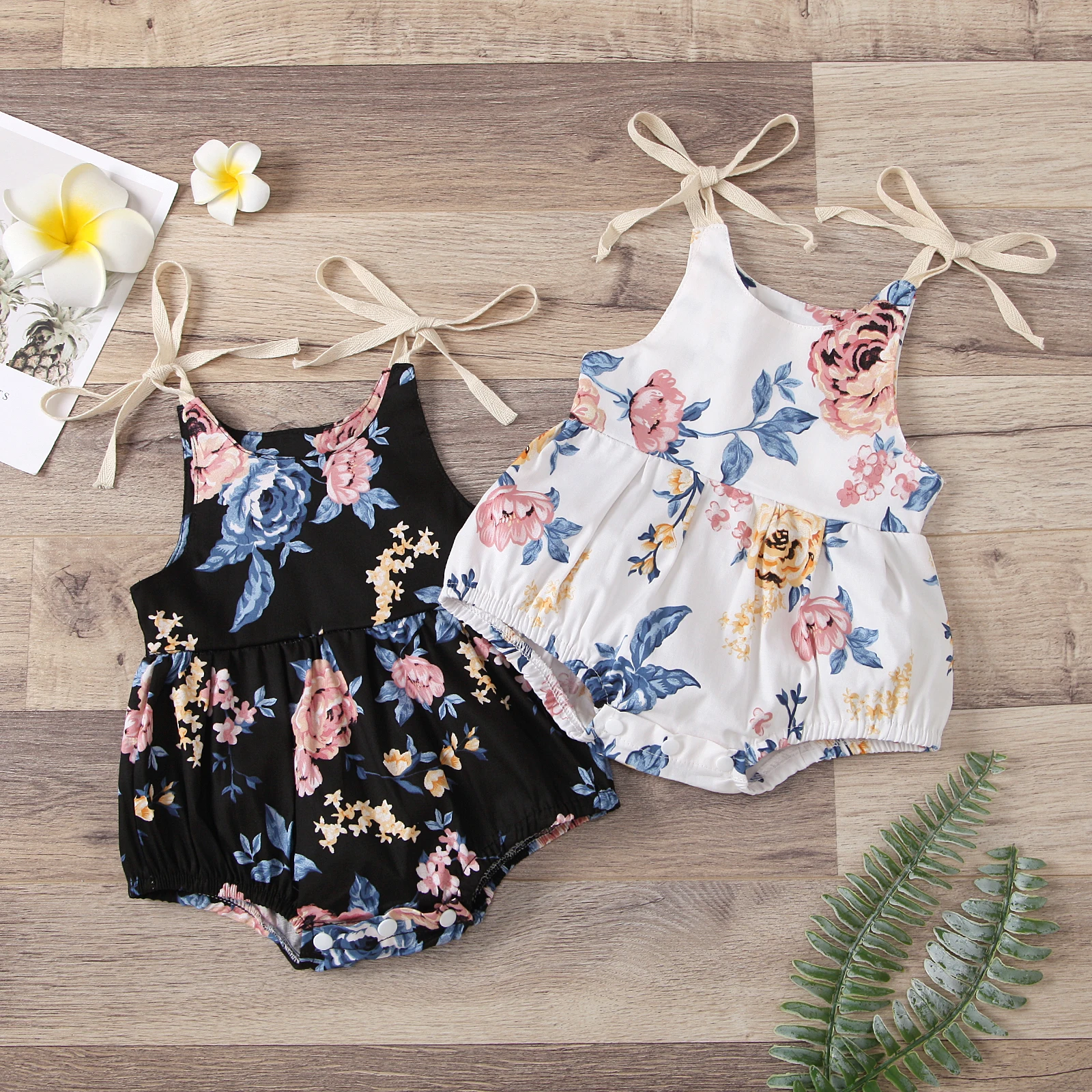 

Infant Newborn Baby Girl\u2019s Casual Suspender Jumpsuits Fashion Flower Print Round Neck Bow Lace-Up Triangle Romper