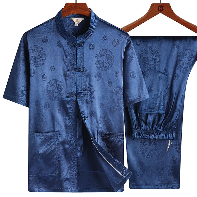 

SHENG COCO Male Satin Traditional Chinese Suits Kung Fu Uniform Outfit Short Sleeve Wear Man Slik Chinese Style Wushu Shirt