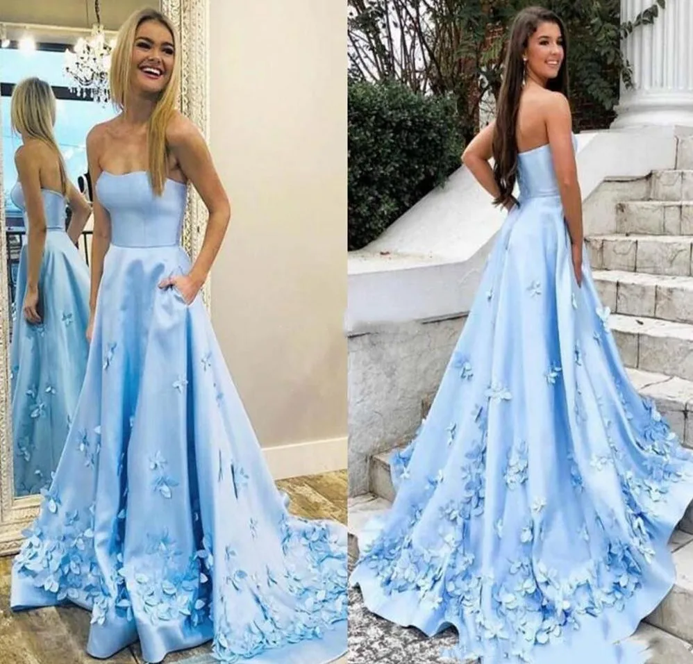 Robe De Soriee 2021 Chic Sweetheart Evening Dresses 3D Flowers Appliques Graduation Party Gowns With Pockets Satin Prom Wear