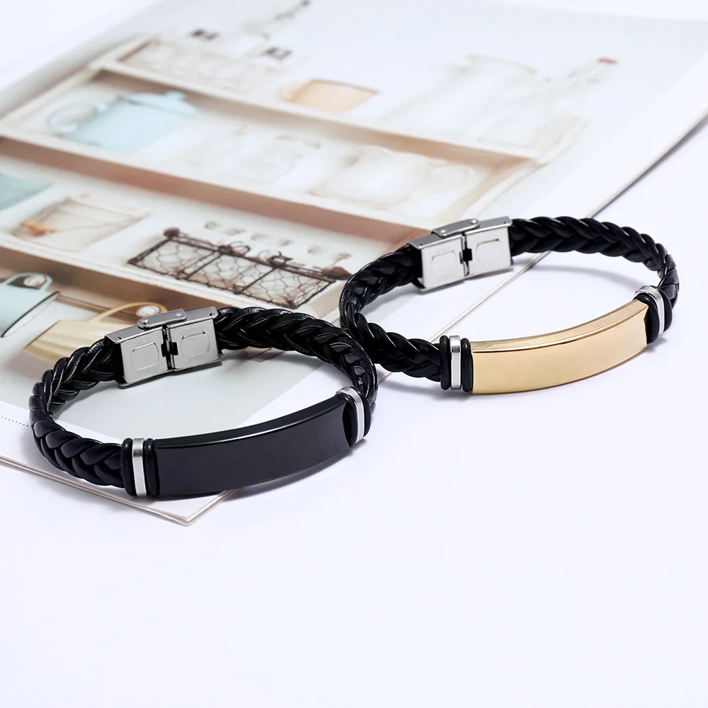 Leather Braided Stainless Steel Bracelet Bangle for Men Polished Plate Charm Wrap Bracelet Mens Wristband Friendship Jewelry