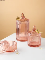 Glass Dragonfly Candy Jar Vertical Pattern Tea Sealed Jar Pink Green Cotton Swab Jewelry Cosmetic Candle Storage Box Home Decor