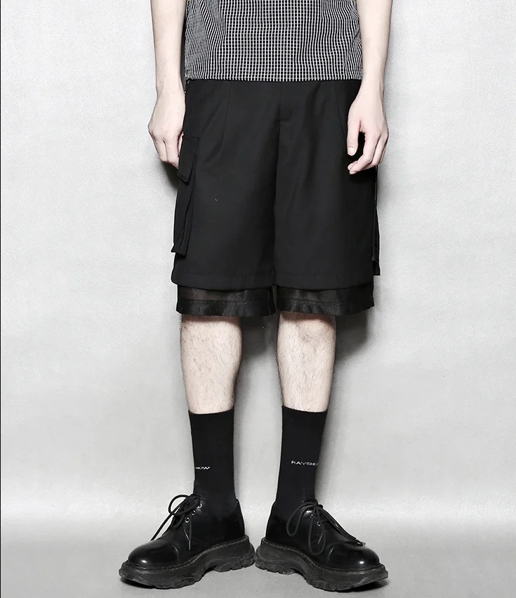 Original design asymmetric patch pocket double-layer tooling five-point pants All-match casual loose shorts