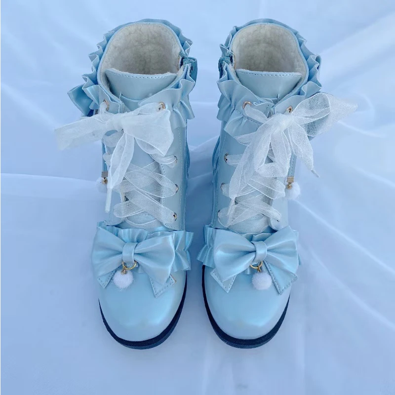 Vintage رئيس مستديرة الدانتيل كشكش bowknot kawaii الأحذية أفخم الدفء النساء أحذية loli تأثيري الشتاء الحلو لوليتا الأحذية