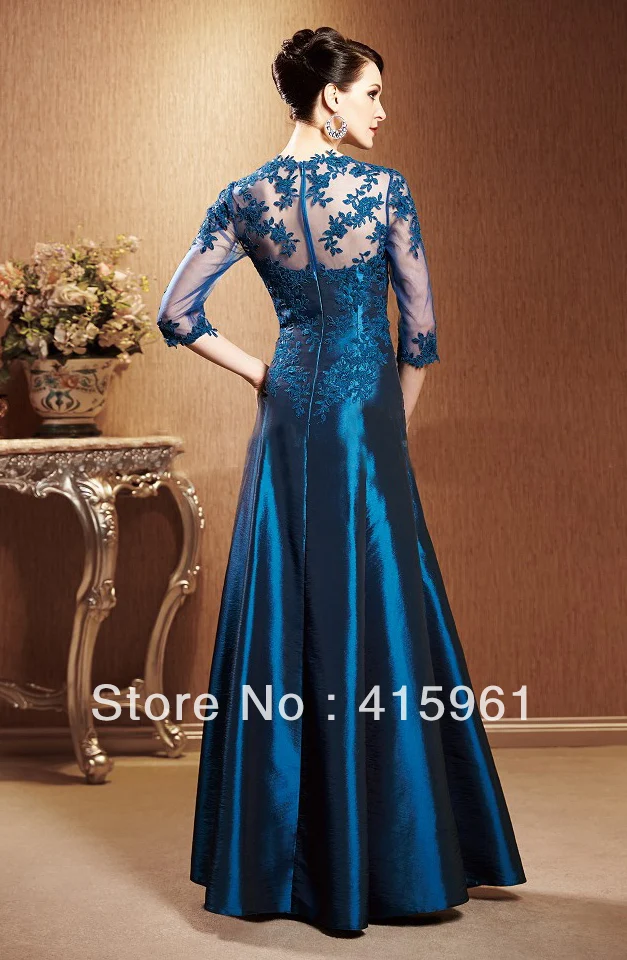 Vestido de madrinha farsali elegante blu Navy taffettà appliques di pizzo lungo 2019 abiti per la madre della sposa abiti da sposa