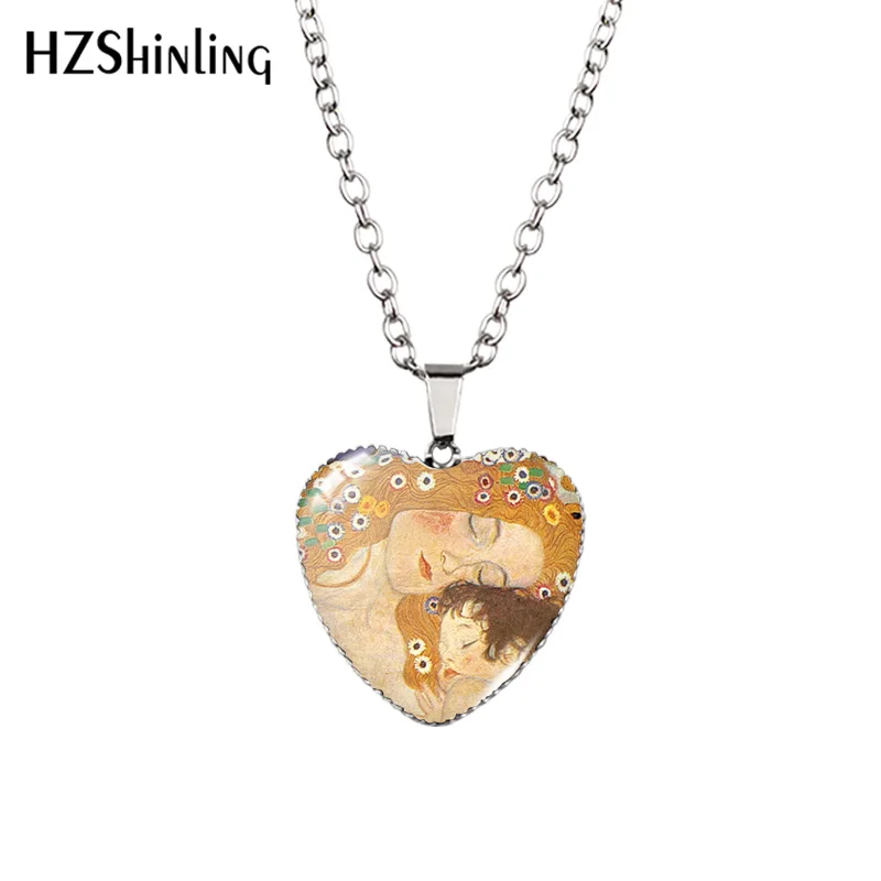 2021 New Gustav Klimt Kiss Pendant Necklace Golden Tears Glass Dome Photo Handmade Jewelry Heart Pendants Gift