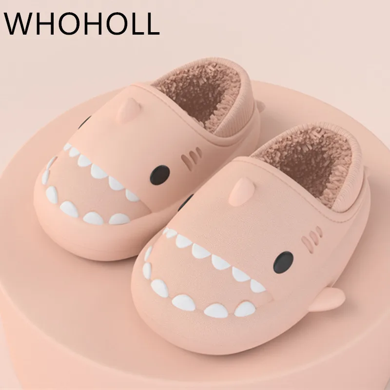 Kid Parents Home Slipper Thick Bottom Cartoon Shark Slippers 2022 Winter Waterproof Plush Indoor Household Shoes Female Couples