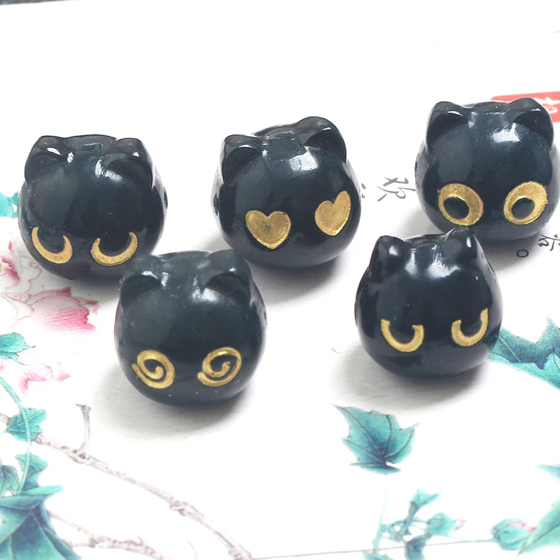 

one piece loose beads black jet carved cat pendant nature for making jewelry necklace FPPJ wholesale