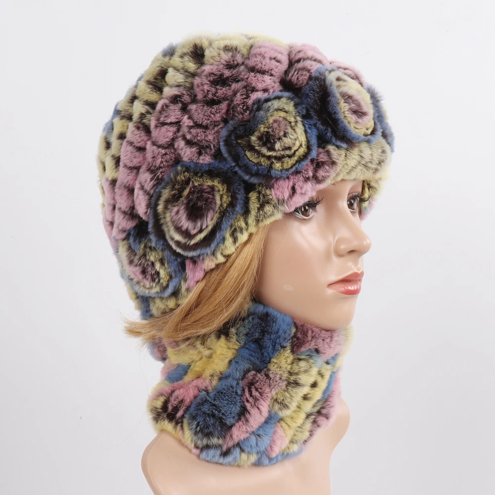 Conjunto de bufandas y sombreros de piel auténtica para mujer, gorro de piel de conejo Rex auténtica, bufanda de piel Natural, conjuntos de silenciadores, invierno, 2024