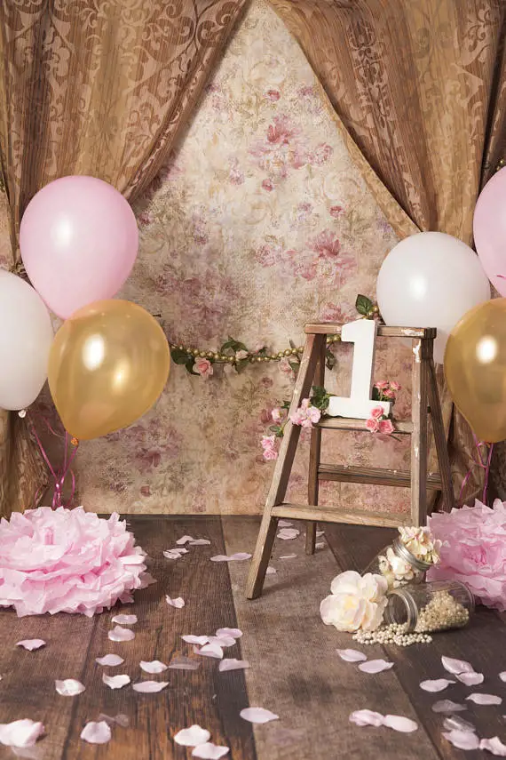 1st Birthday Vintage Rustic Curtain Flowers Balloon backdrops High quality Computer print newborn baby background