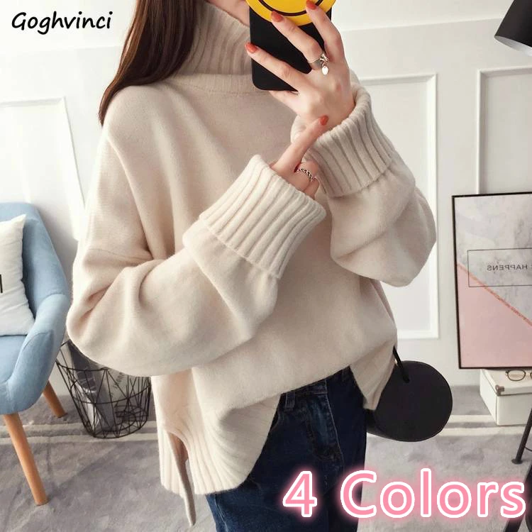 Turtleneck Sweater Women Side Slit Casual Womens Pullovers Ribbed XXL Loose Winter Simple Elegant All-match Fashion Sweaters