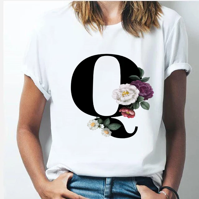 26 alphabet letter women T-shirt Girl A To Z Alphabet combination flowers Short Sleeve casual Korean Style Tops,Drop Ship