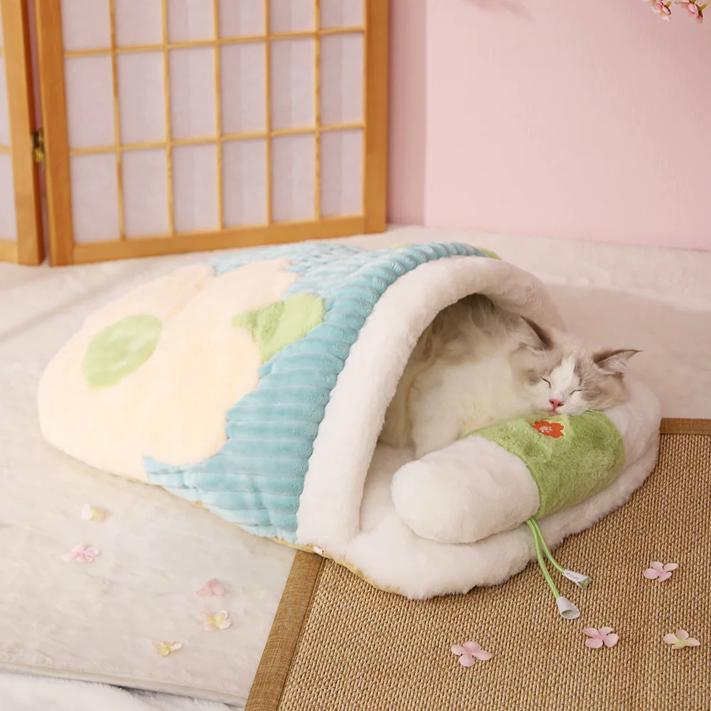 Japanese Cat Bed Warm Sleeping Bag Deep Cave Winter Removable Pet House Dogs Nest Cushion with Pillow