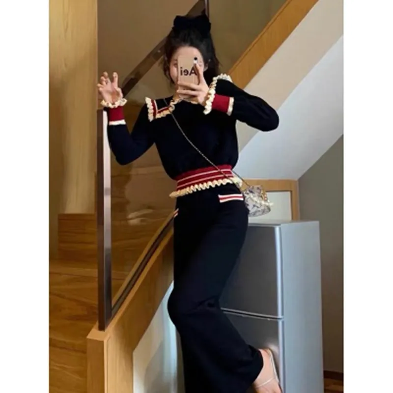 

High Quality Autumn Winter Elegant Runway Knitted 2 Pieces Set Women Long Sleeve Contrast Color Tops+pocket Wide Leg Pants Suit