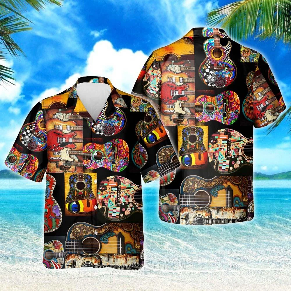 

Fashion Mens Beach Classic Guitar Aloha 3D Print Hawaiian Shirt Casual T Shirt Button Wild Blouses Oversize Streetwear Tops