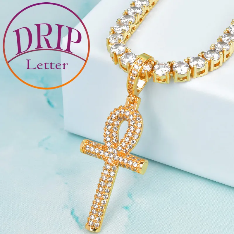 Thin Ankh Cross Gold Color Iced Zircon Pendant Necklace Men Women Hip Hop Plated Jewelry