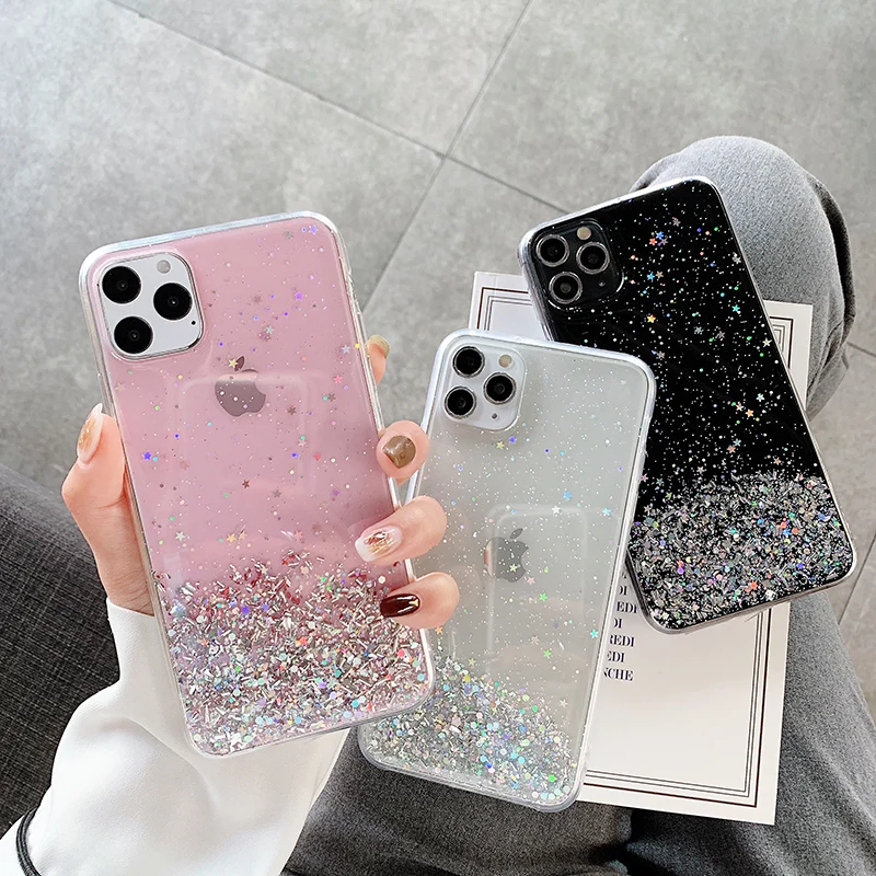 Luxury Fashion Star Sequins Glitter Phone Case For iPhone 11 12 13 14 15 16 Pro Max XS XR X 7 8 Plus SE Soft Bling Powder Cover