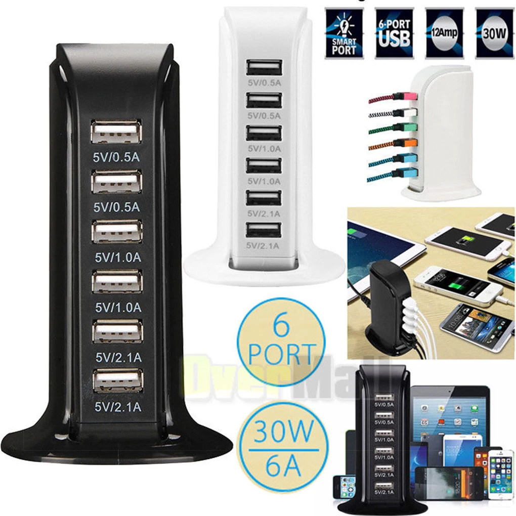 30W Multi 6 Port USB Charger 6A Rapid Charging Station Desktop Hub Connectors Extension Socket Platooninsert Hub Connectors