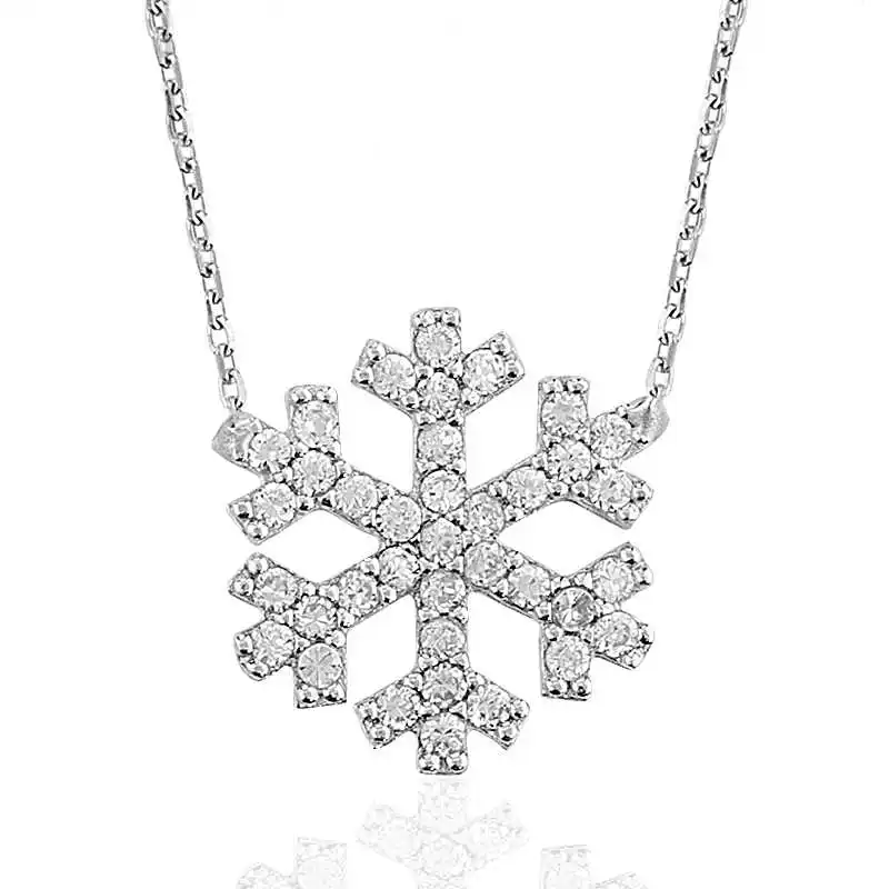 Silver Snow Snowflake Lady Necklace Zircon Stone 925 Sterling Women Fine Jewelry Wedding Party Birthday Gift - Box - Pendant - Chain Choker - Female - Ladies - Fashion