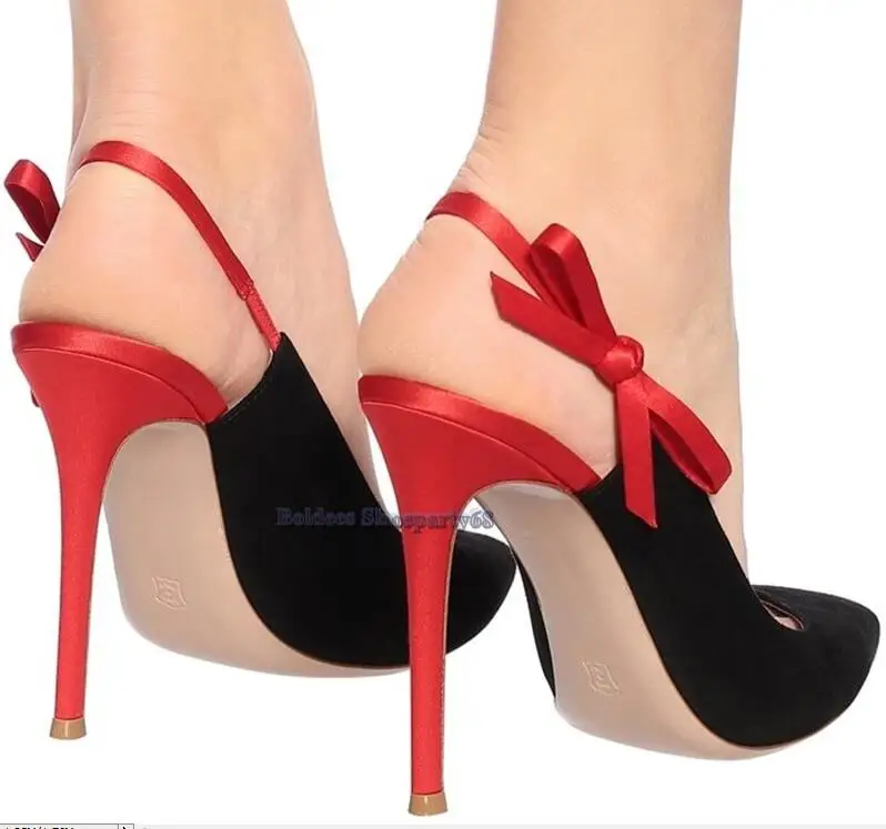 

Fashion Pointed Toe Slingback Pumps With Feminine Ankle Red Bow Straps Wedding Party Dress Shoes Pointy Toed Thin High Heels