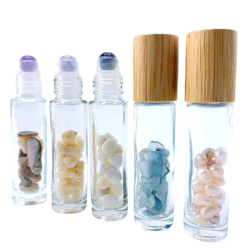 10ml Essentail Oil Bottle with Natutal Pearl Coral Shell inside Quartz Roller Ball Bamboo Lid Wooden Grain Cap 5pcs/lot P331