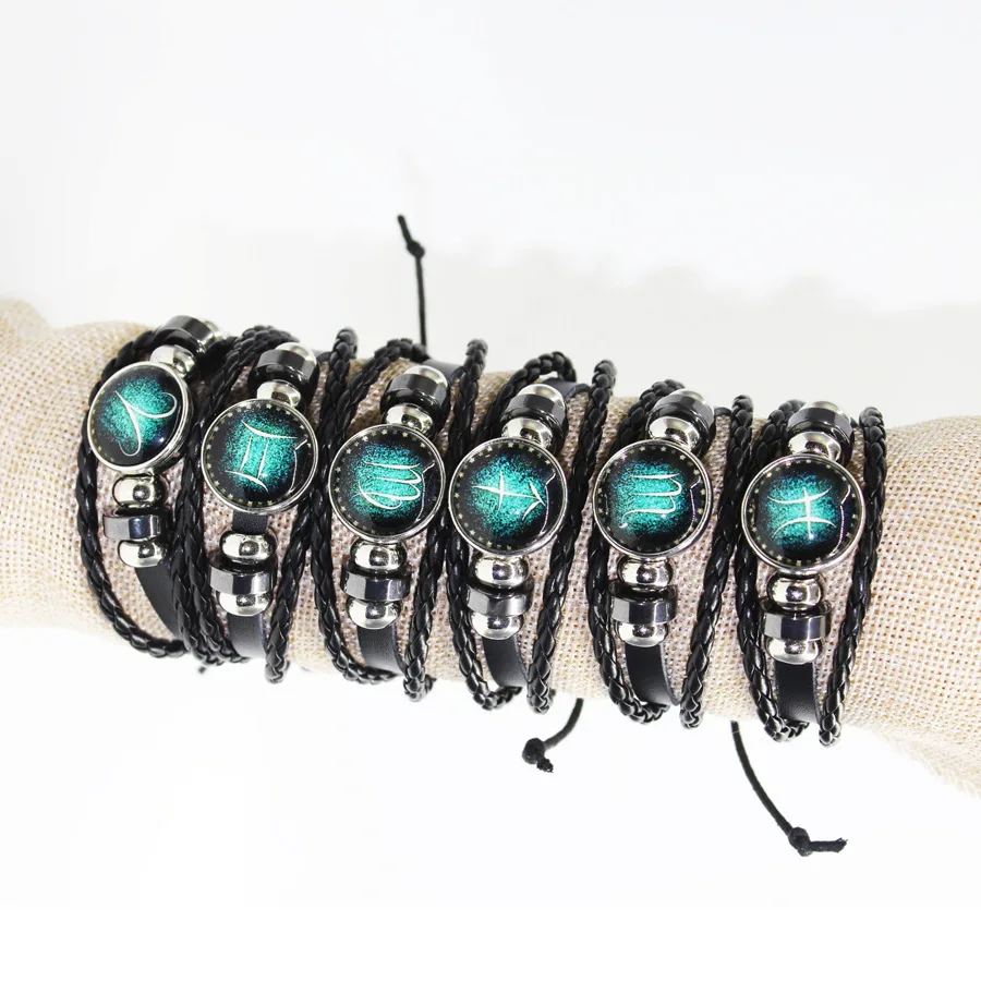 Fashion Leather Beaded 12 Constellation Bracelets Hot Time GS Handmade Braided Bracelet for Couple Christmas Gifts