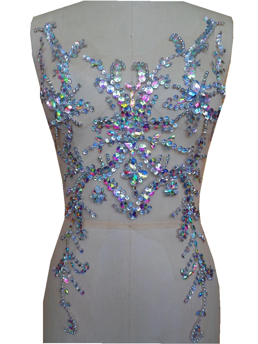 zbroh Pure hand made clear AB colour sew on Rhinestones applique crystals patches 49*31cm dress accessory