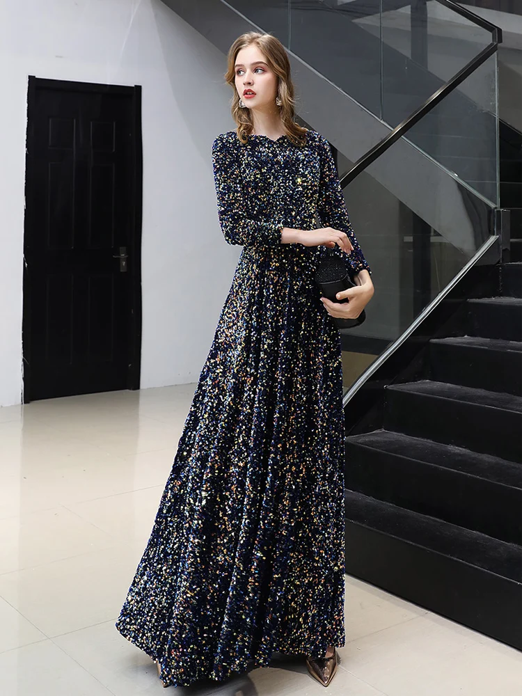 Long Sleeves Prom Dresses 2020 New Elegant A-line Floor-length Sequin Women Formal Gowns Plus Size For Evening Party