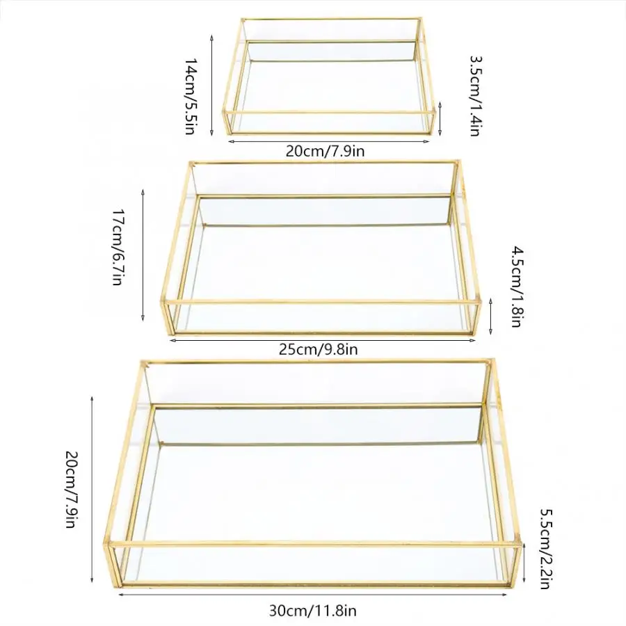 Nordic Retro Storage Box Tray Gold Rectangle Glass Makeup Organizer Tray Dessert Plate Jewelry Display Glass Storage Tray