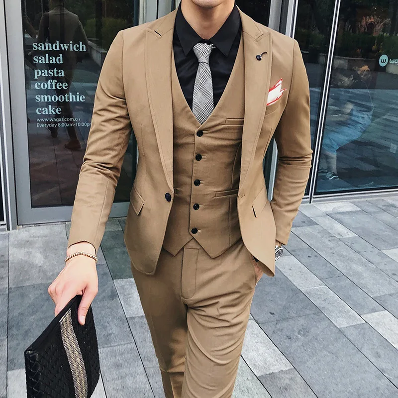 (Jacket+Pant+Vest)Luxury Men Wedding Suit Male Blazers Slim Fit Suits For Men Costume Business Formal Party Pink Classic Black