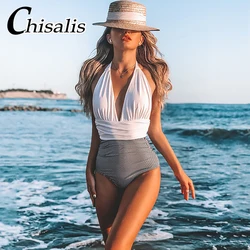 2024 sexy solide einteilige Badeanzug Frauen tiefen V-Ausschnitt Neck holder Bade bekleidung Frauen gestreiften Monokini weiblichen Body Strand Badeanzug