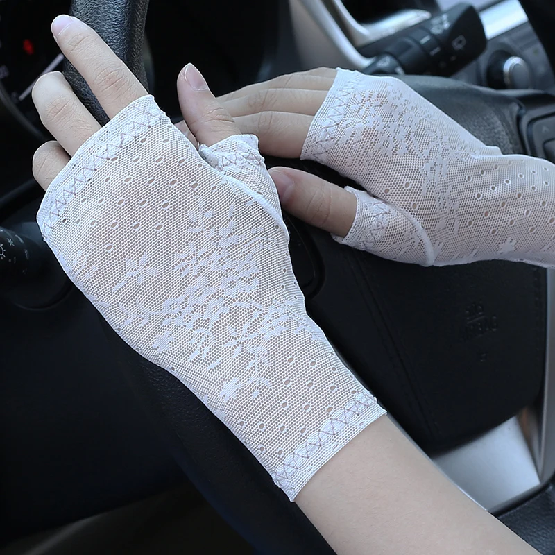 Guantes de protección solar de encaje de verano para mujer, sección delgada de medio dedo, tatuaje de cicatriz fría, decoración de conducción