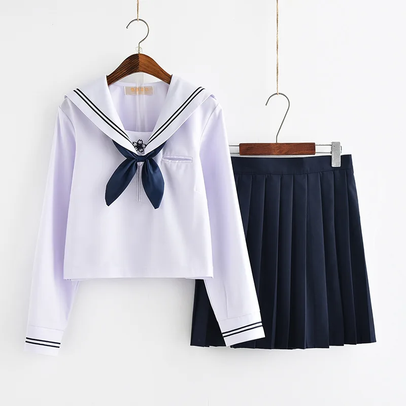 Long Sleeved Sailor Suit Jk Sets Japanese School Uniforms Girls White Top Navy Pleated Skirt Sakura Pattern Cosplay Student Suit