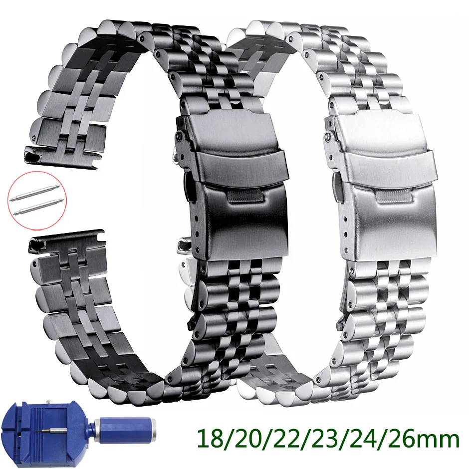 Stainless Steel Watch Band 18mm 19 20mm 21 22mm 23 24mm 26mm 28 30mm Watch Strap Silk Glossy Watchband Replacement Bracelet