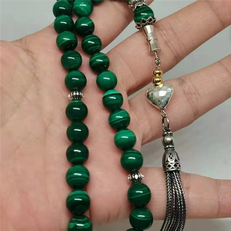 Silver Pendant 8mm Natural Green Malachit Stone Round Shape 33 Prayer Beads Muslim Tasbih Allah Mohammed Rosary