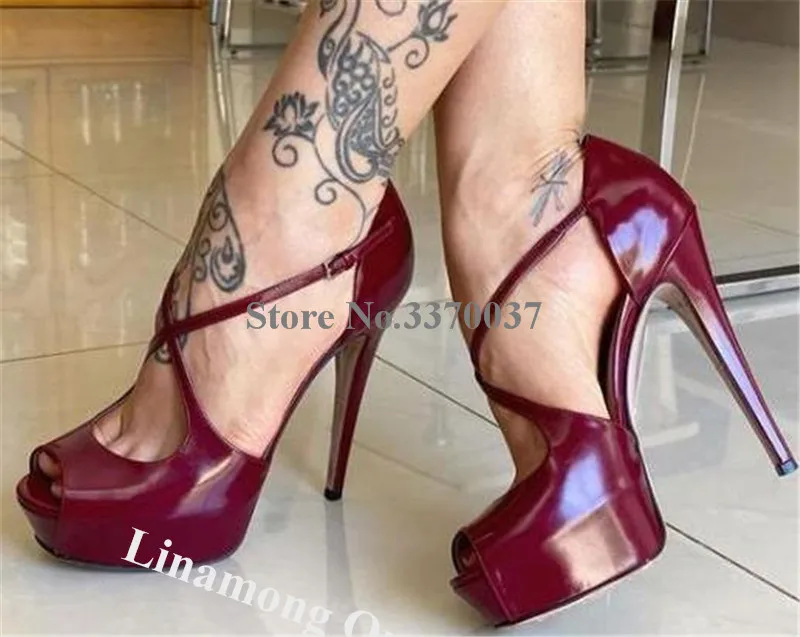 Linamong Fashoin Peep Toe Patent Leather Wine Red High Platform Stiletto Heel Pumps Straps Cross Burgundy High Heels Club Shoes