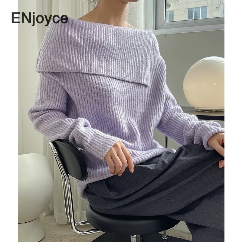 Autumn Winter Women Wool Big Lapel Knitted Pullover Ladies Elegant Sweater Korean Fashion Off-shoulder Loose Knitwear