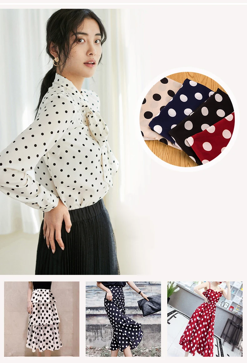 150cm Width Soft Stretch Polka Dots Print Chiffon Fabric Polyester for Dress,Shirt Black White Pink Red Green Blue by the meter