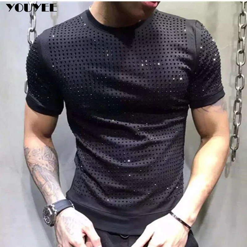 Short Sleeve T-shirt Men\'s Summer Full Diamond Round Neck Large Black Clothes Loose 2024 New Trend Fashion Handsome Especially