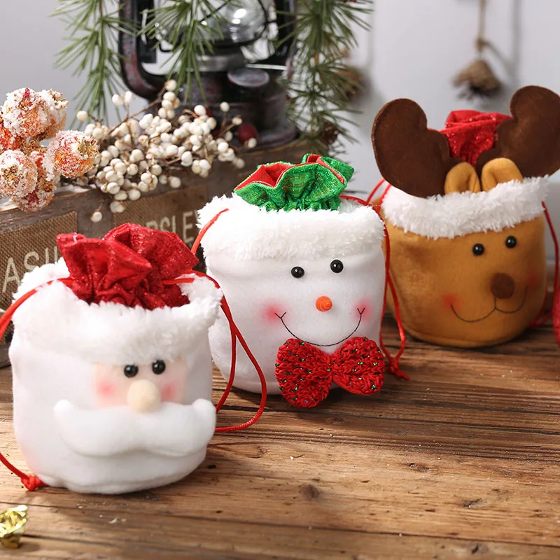 Newly Christmas Candy Holder Bag Drawstring Cartoon Plush Toilet Roll Paper Cover Decor Festival Snack Gift Storage Organizer