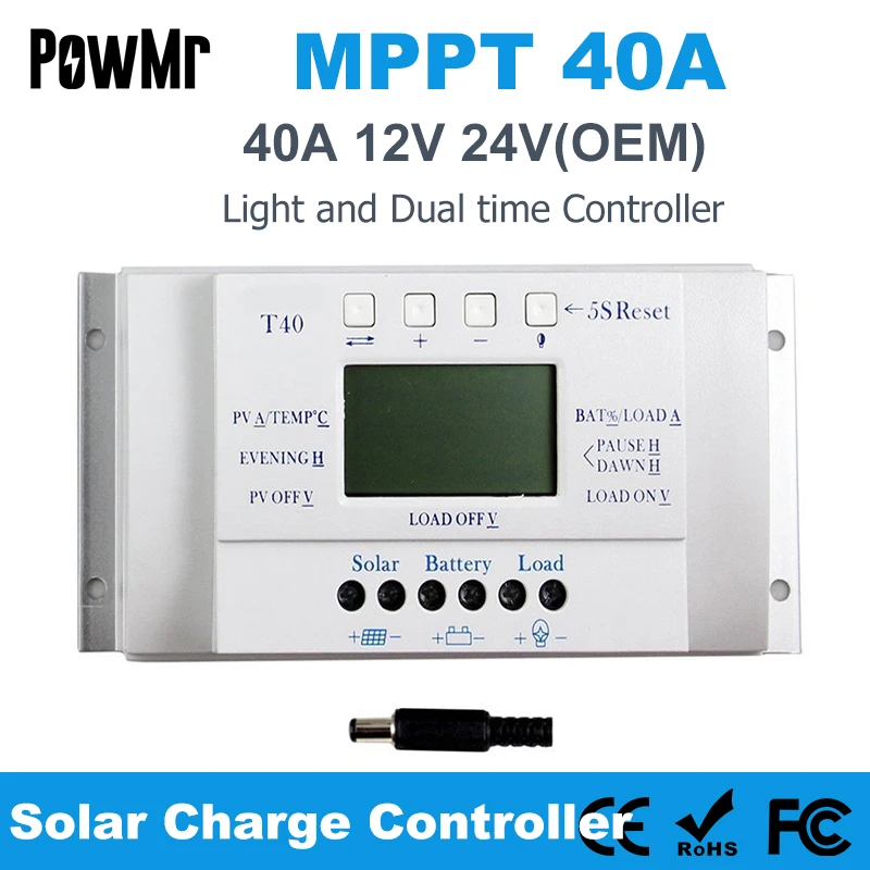 

MPPT PWM 40A Контроллер заряда и разряда солнечной батареи 12В 24В ЖК-дисплей USB регулятор нагрузки двойной таймер управления для солнечной системы освещения