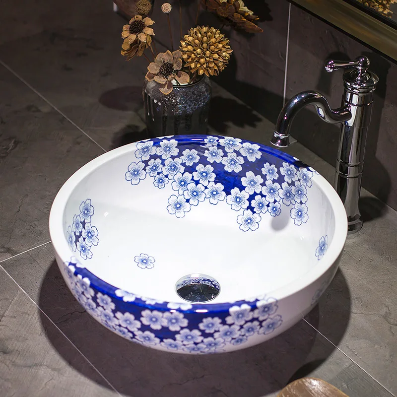 

Europe style chinese washbasin sink Jingdezhen Art Counter Top ceramic wash basin bathroom sink blue and white