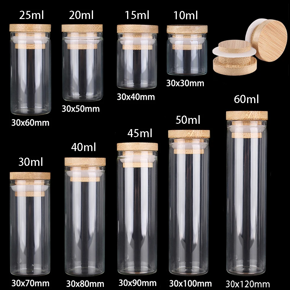 12pcs/lot 10ml 15ml 20ml 25ml 30ml 40ml 45ml 50ml 60ml Glass Empty Bottles With Bamboo Caps Spice Jars Glass Vessels DIY Crafts