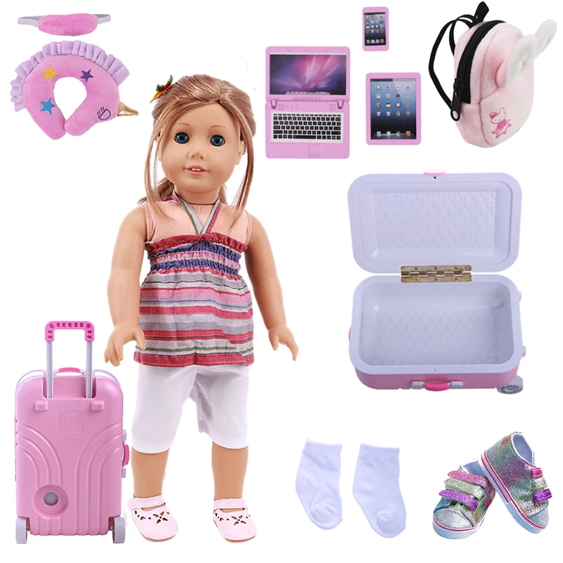 New Pink Doll Clothes Shoes Suitcase Set For 18Inch American Doll&43CM Born Baby Generation Russian Girl's Christmas Gift