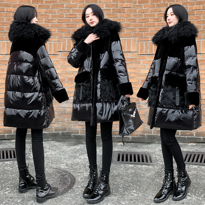 Black Glossy Women\'s 90%White duck down Jacket 2024 Winter Korean Loose Down Coat Windproof Rainproof Thicken Parkas Coat Female