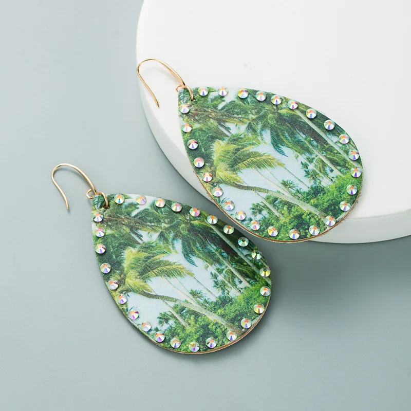 2021 Summer New Arrivals PU Leather Palm Print Side Paste Rhinestone Dangle Earrings For Women Girls Fashion Jewelry