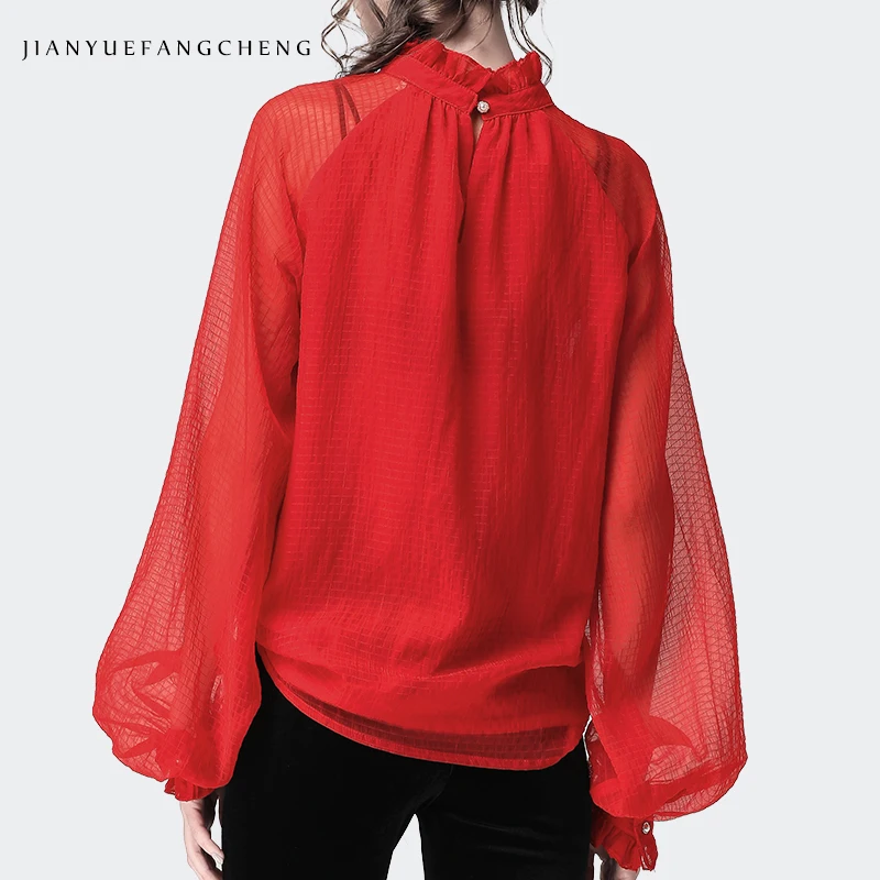 Lantern Sleeve Red Chiffon Blouse Mesh Top Women Spring Summer Loose-Fitting Plus Size Long Sleeves Stand Ruffled Collar Shirts