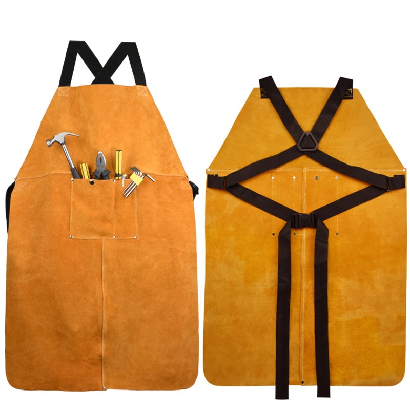 Cowhide Welding Apron With Pockets Wear-resistant Thicken Secure High Temperature Resistance Anti-cutting Protective Clothing