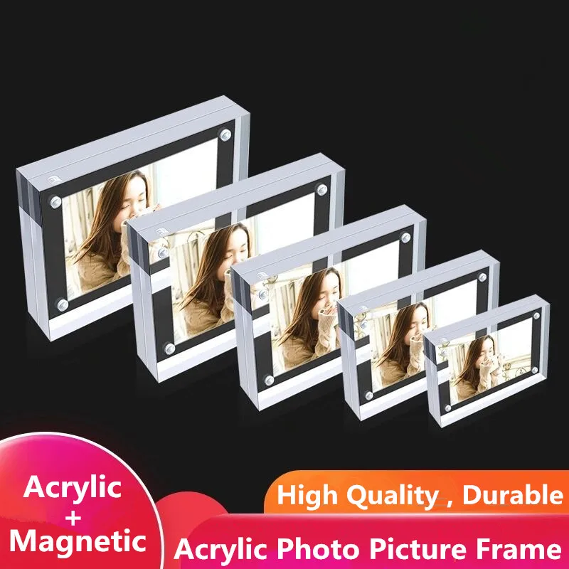 Desktop Acrylic Picture Frame Clear Freestanding Double Sided Thickness Frameless Magnetic Photo Frames Display Stand