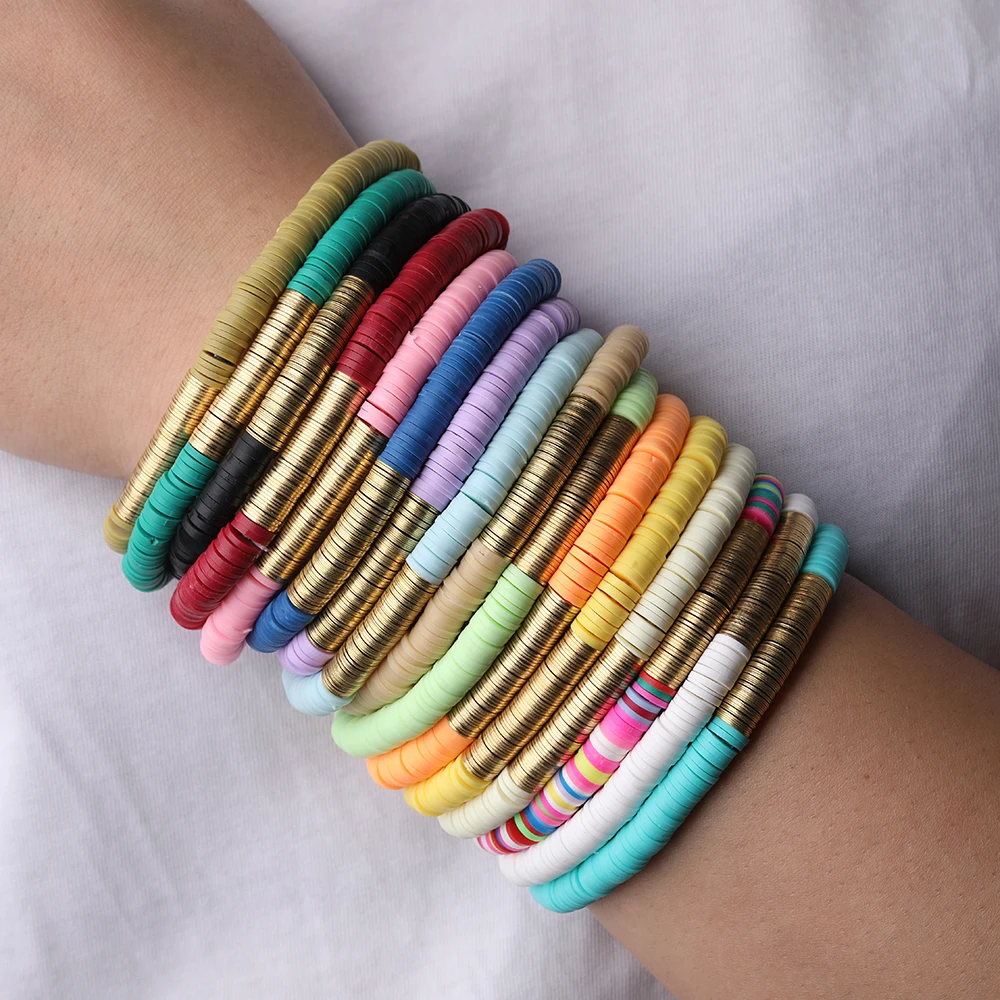 10Pcs Rainbow 6mm Polymer Clay Heishi Disc Beads Elastic String Bracelet Fashion Women Vinyl Flat Beads Boho Bracelet Jewelry